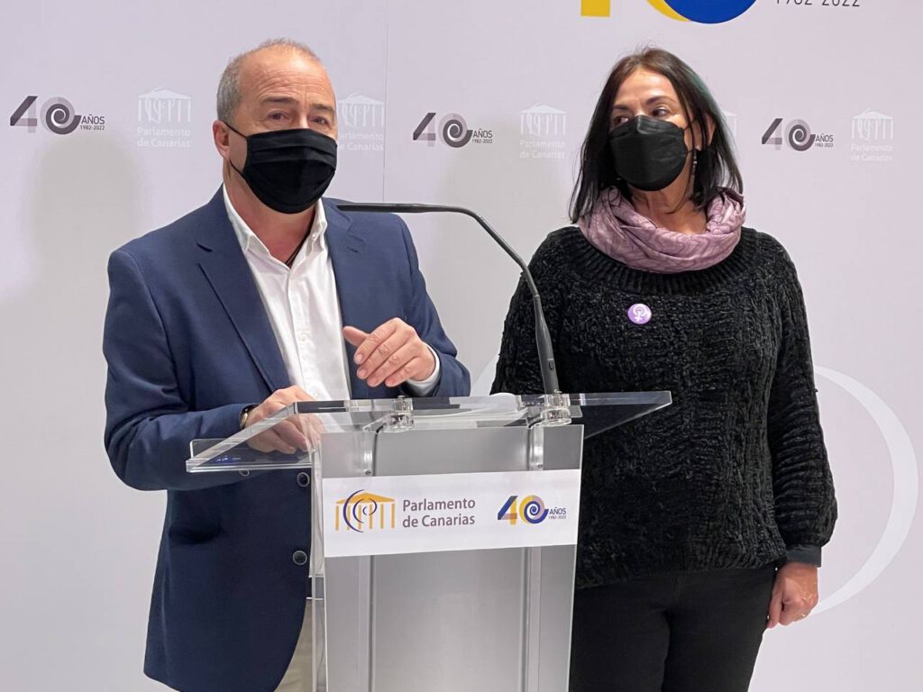 El diputado en el Parlamento de Canarias Paco Déniz, junto a la diputada María del Río, presidenta del grupo parlamentario de la coalición Sí Podemos Canarias, en la rueda de prensa.