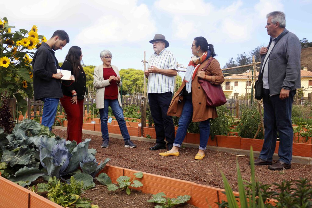 De izquierda a derecha de la imagen, en el huerto urbano de La Atalaya, en Tacoronte: los candidatos al Parlamento de Canarias por Unidas Sí Podemos por la lista archipelágica, Hugo Cejas, y Tenerife, Laura Fuentes; al Cabildo de Tenerife, Carmela Díaz Vilela y Manuel Marrero; la candidata de Sí se puede a la alcaldía de Tacoronte, Violeta Moreno, y el segundo de su lista municipal, José Luis Almenara.